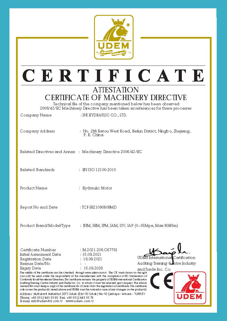 Hydraulic Motor and Pump UDEM Certificate,2021