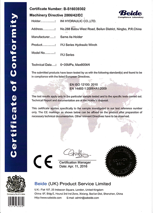 Hydraulic Winch CE Certificate,2016