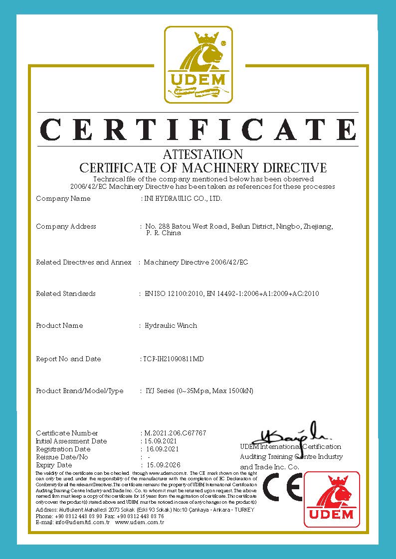 Hidrauliskās vinčas UDEM sertifikāts, 2021
